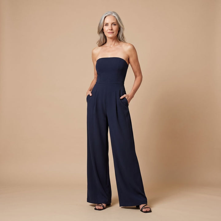 Women's Strapless Wide-Leg Jumpsuit High-Waist Pleated - Dark Blue