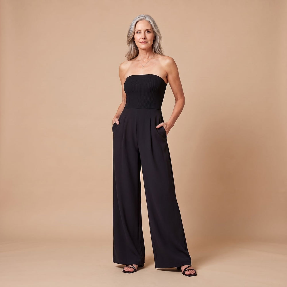 Women's Strapless Wide-Leg Jumpsuit High-Waist Pleated - Black