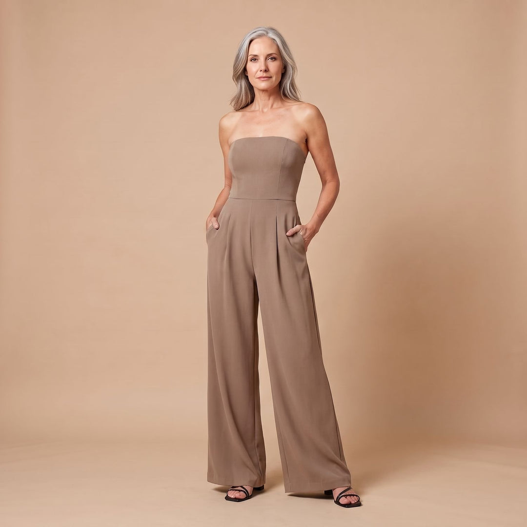 Women's Strapless Wide-Leg Jumpsuit High-Waist Pleated - Beige