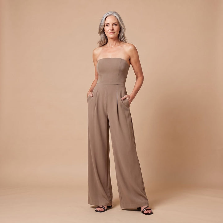 Women's Strapless Wide-Leg Jumpsuit High-Waist Pleated - Beige