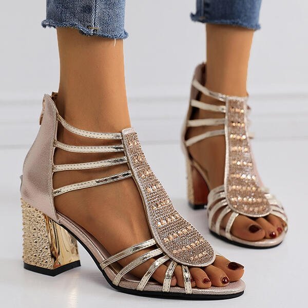 Women's Strappy Rhinestone Block Heel Comfortable Sandals