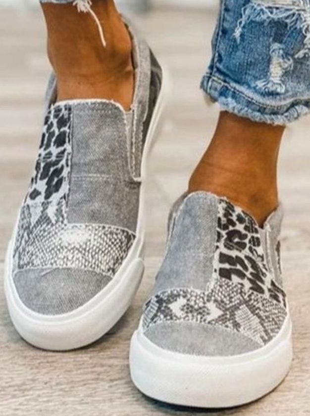 Women's Stretch Slip-On Animal Print Shoes Canvas Sneakers - Gray