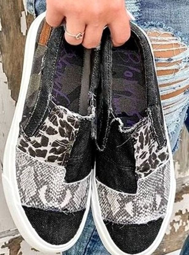 Women's Stretch Slip-On Animal Print Shoes Canvas Sneakers - Black