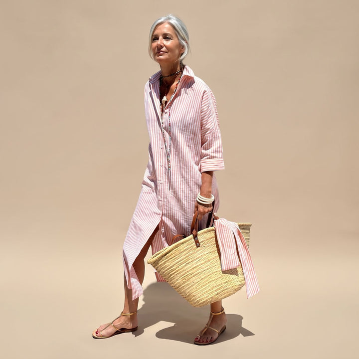 Women's Striped Button-Down Relaxed Midi Shirt Dress - Pink