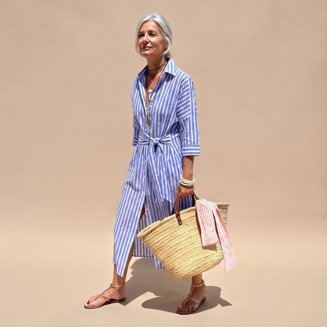 Women's Striped Button-Down Relaxed Midi Shirt Dress - Blue