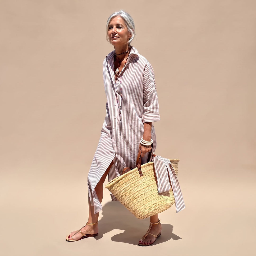 Women's Striped Button-Down Relaxed Midi Shirt Dress - Khaki