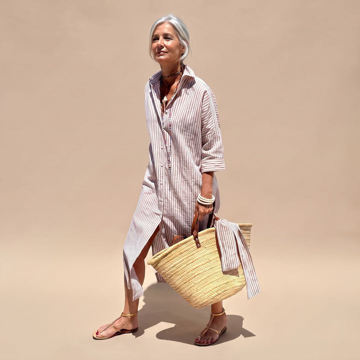 Women's Striped Button-Down Relaxed Midi Shirt Dress - Khaki