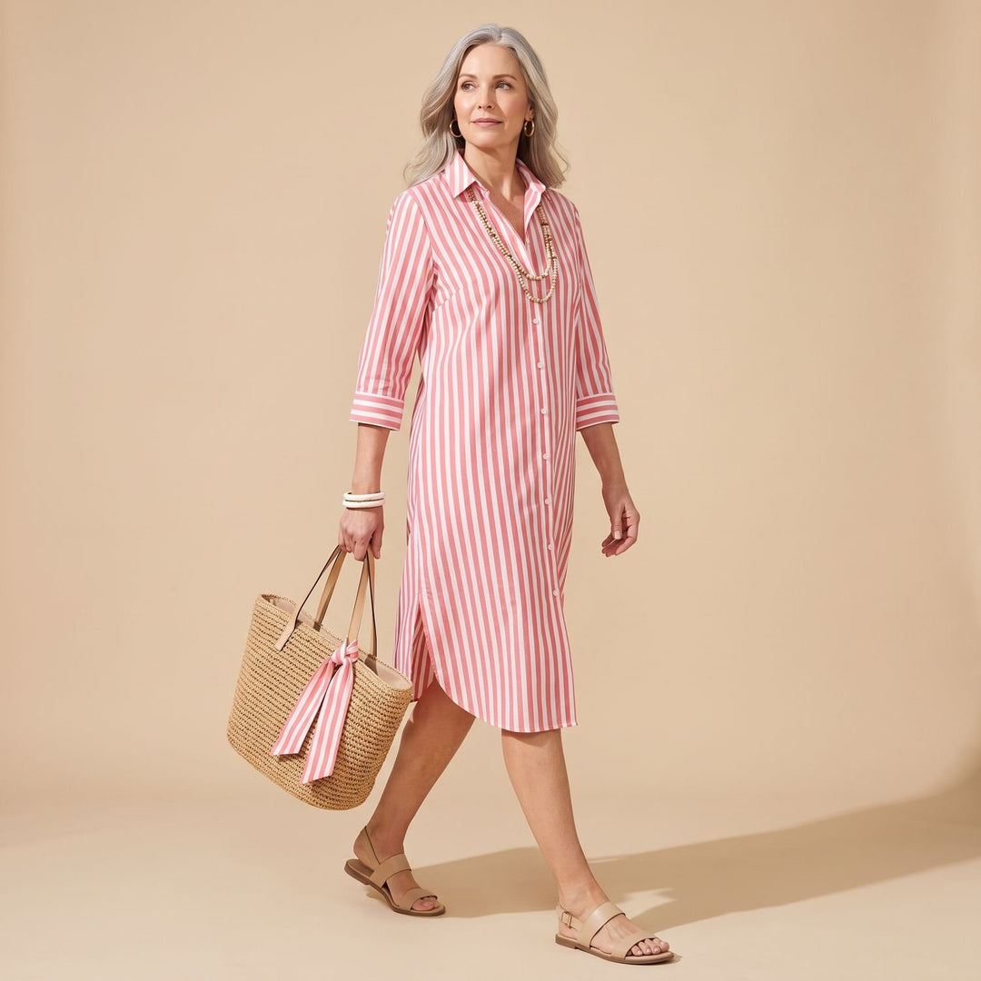 Women's Striped Button-Down Relaxed Midi Shirt Dress