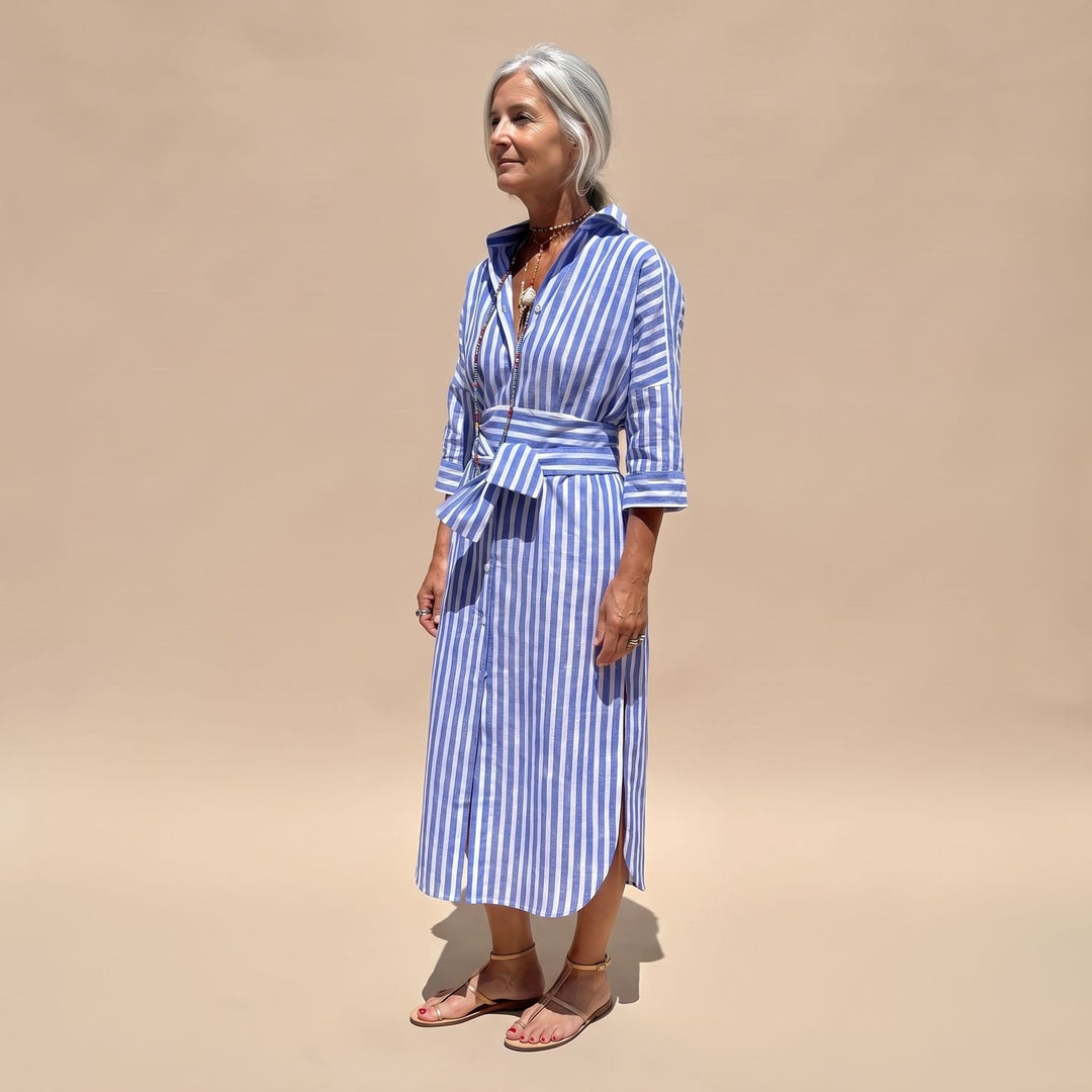Women's Striped Button-Down Relaxed Midi Shirt Dress