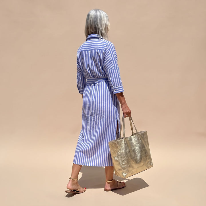 Women's Striped Button-Down Relaxed Midi Shirt Dress