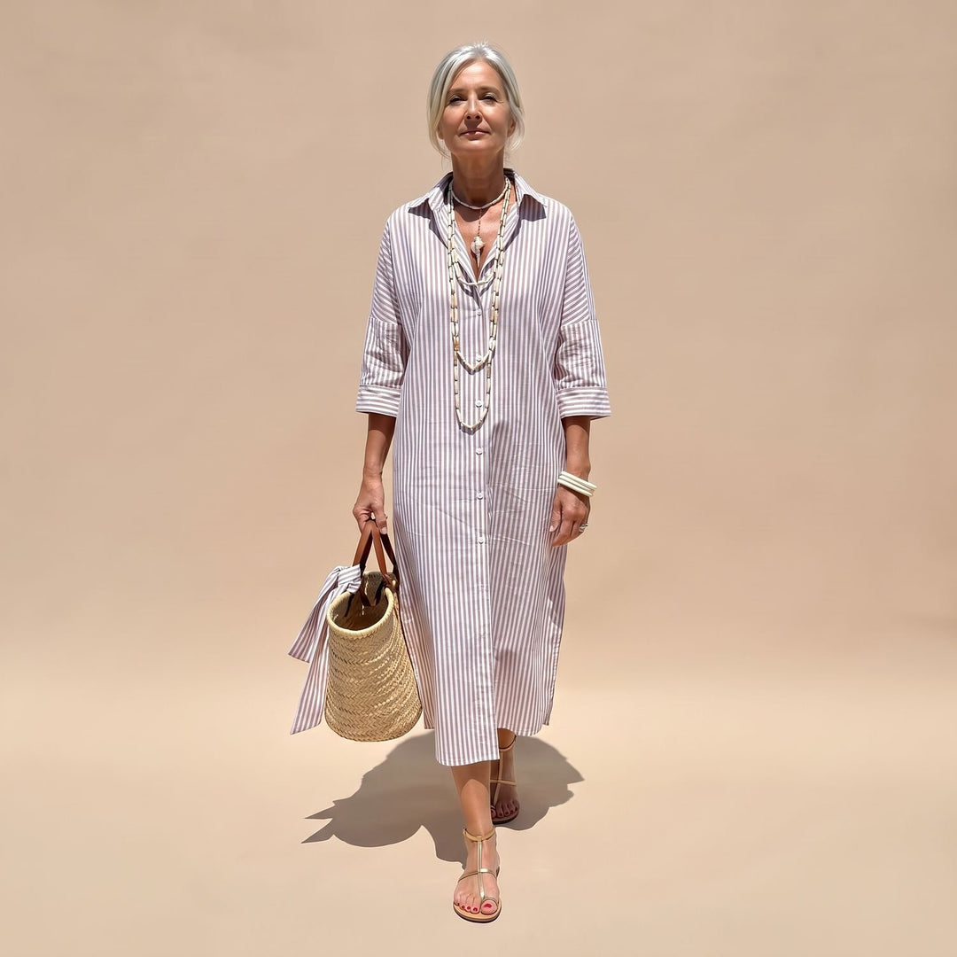 Women's Striped Button-Down Relaxed Midi Shirt Dress