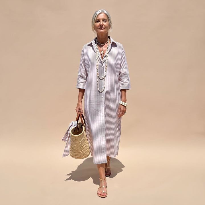 Women's Striped Button-Down Relaxed Midi Shirt Dress