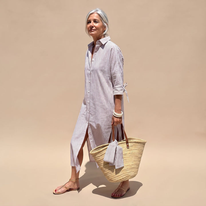 Women's Striped Button-Down Relaxed Midi Shirt Dress