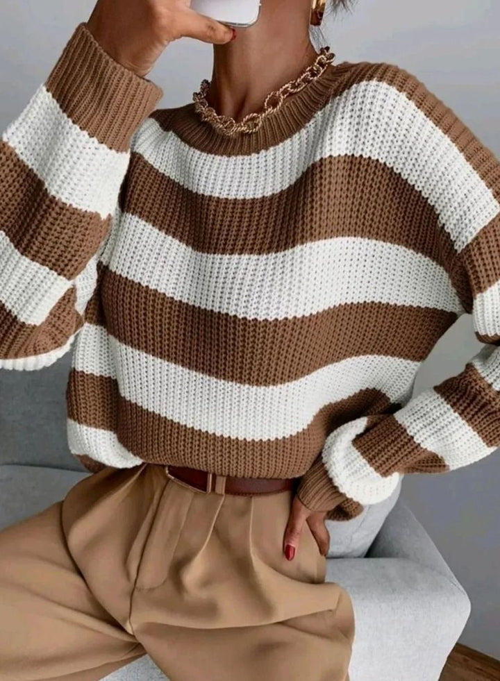 Women's Striped Crewneck Relaxed-Fit Knit Sweater - Brown