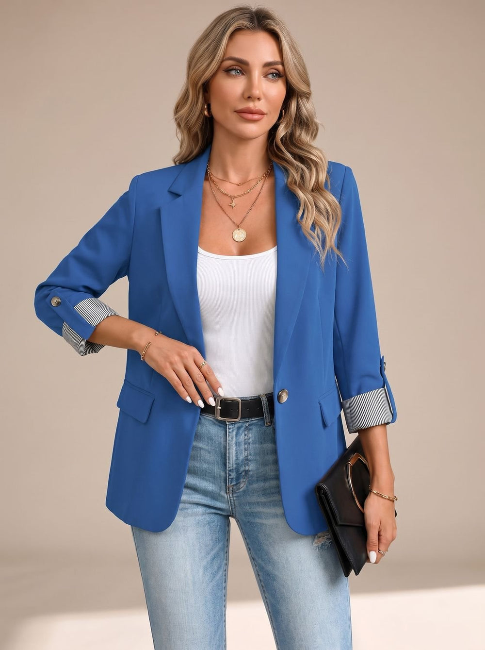 Women's Striped-Cuff Rollable Sleeve Soft-Tailored Blazer - Blue