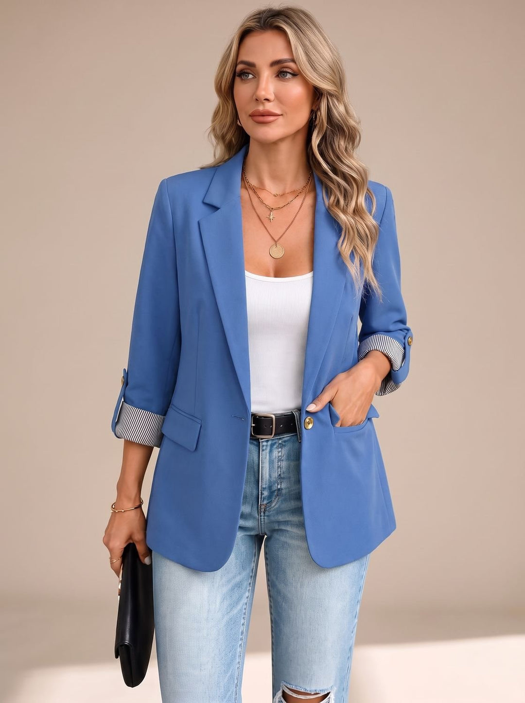 Women's Striped-Cuff Rollable Sleeve Soft-Tailored Blazer