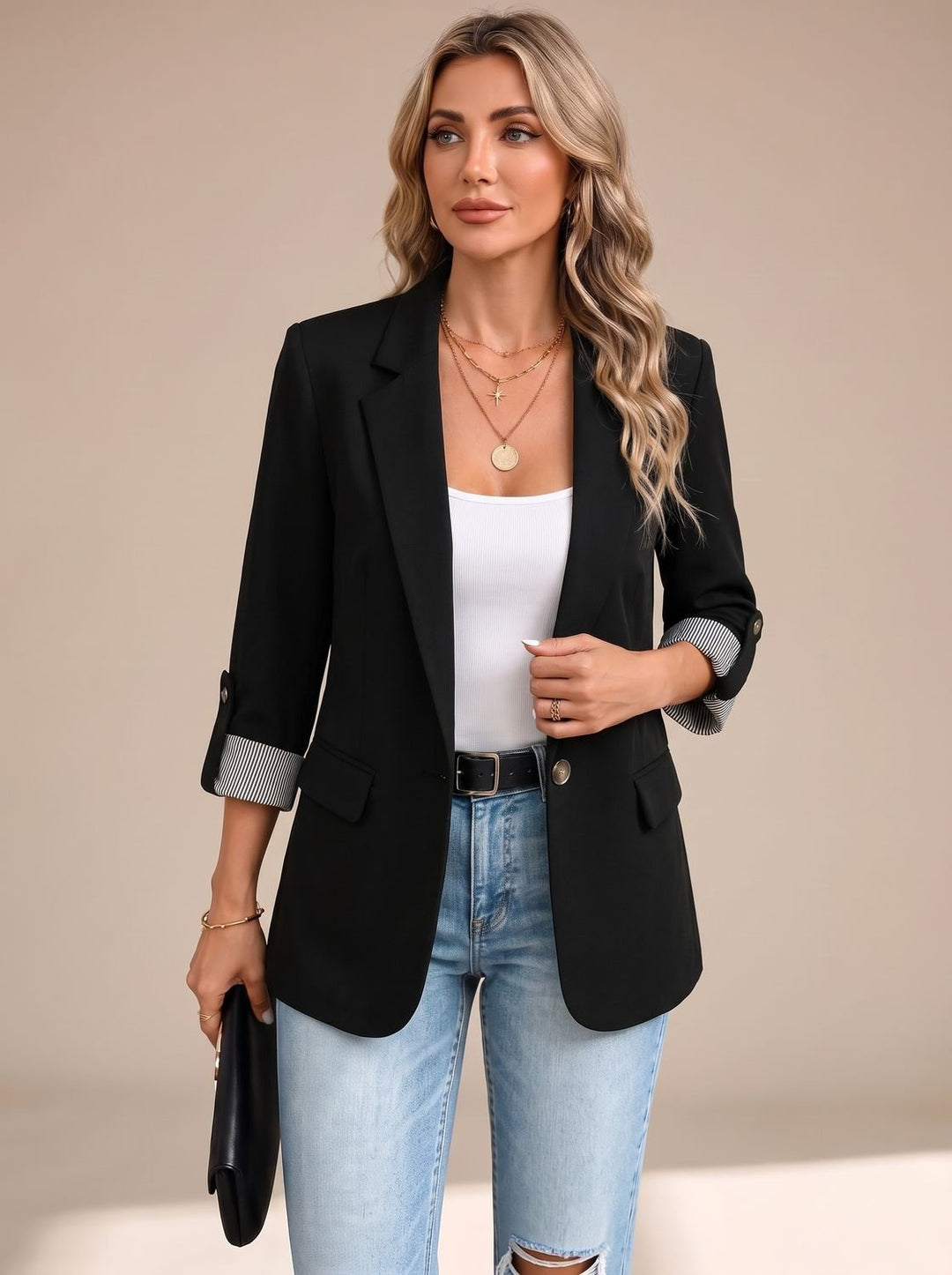 Women's Striped-Cuff Rollable Sleeve Soft-Tailored Blazer - Black