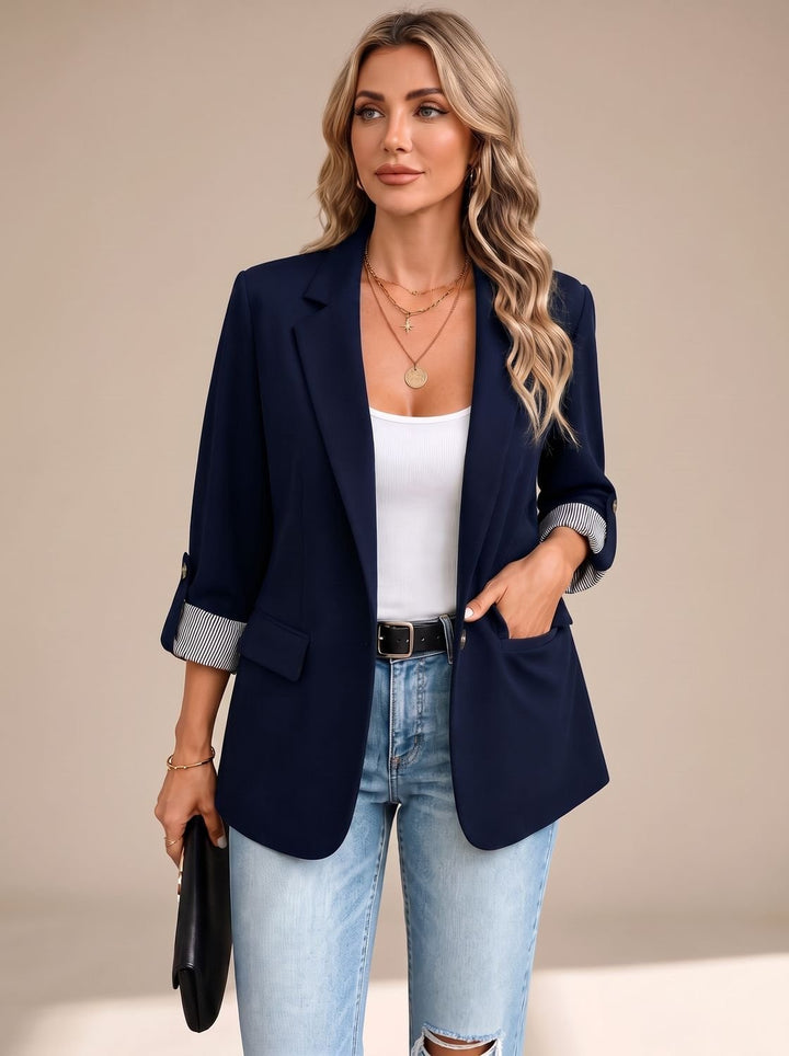 Women's Striped-Cuff Rollable Sleeve Soft-Tailored Blazer - Navy Blue