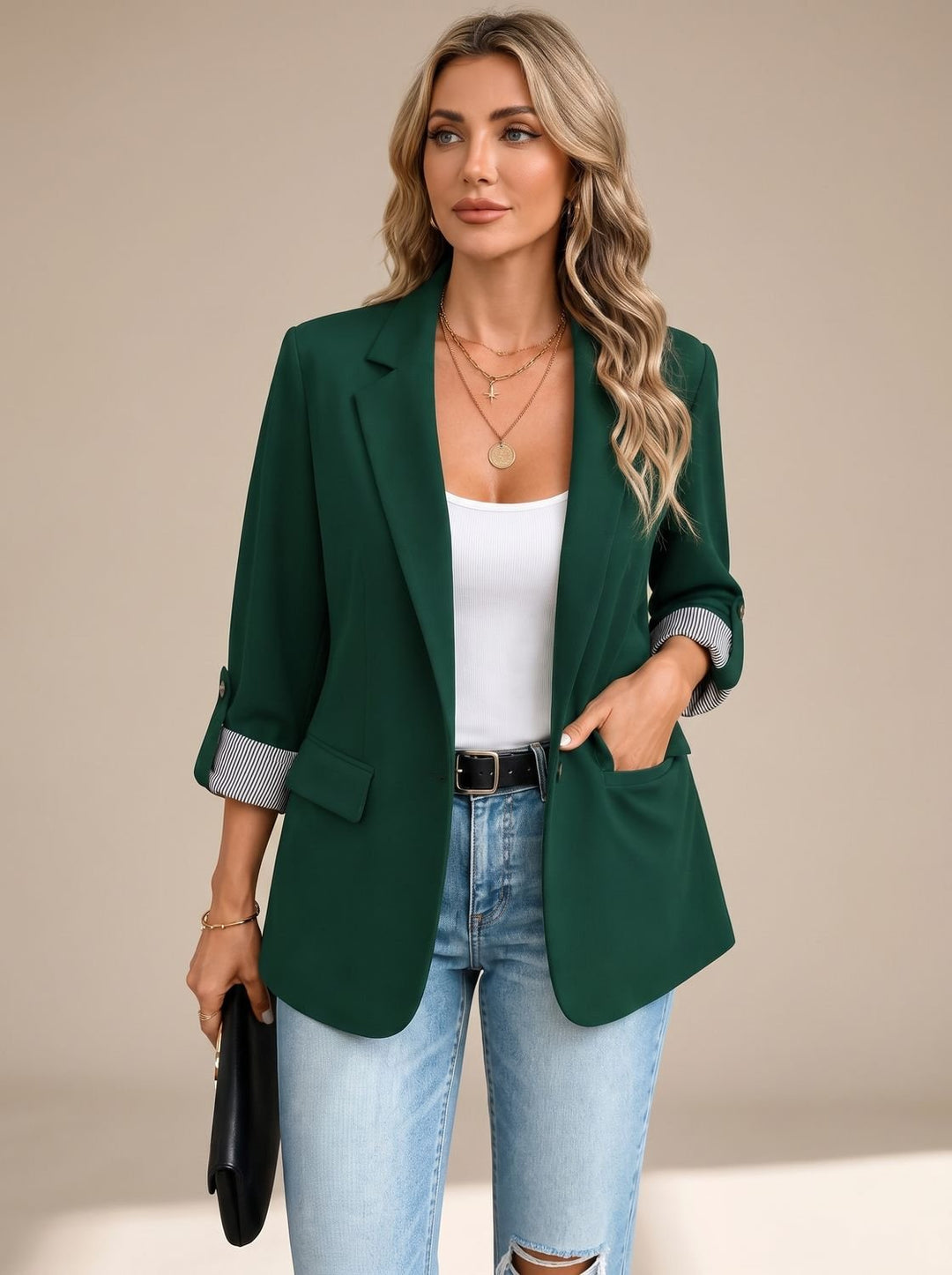 Women's Striped-Cuff Rollable Sleeve Soft-Tailored Blazer - Dark Green