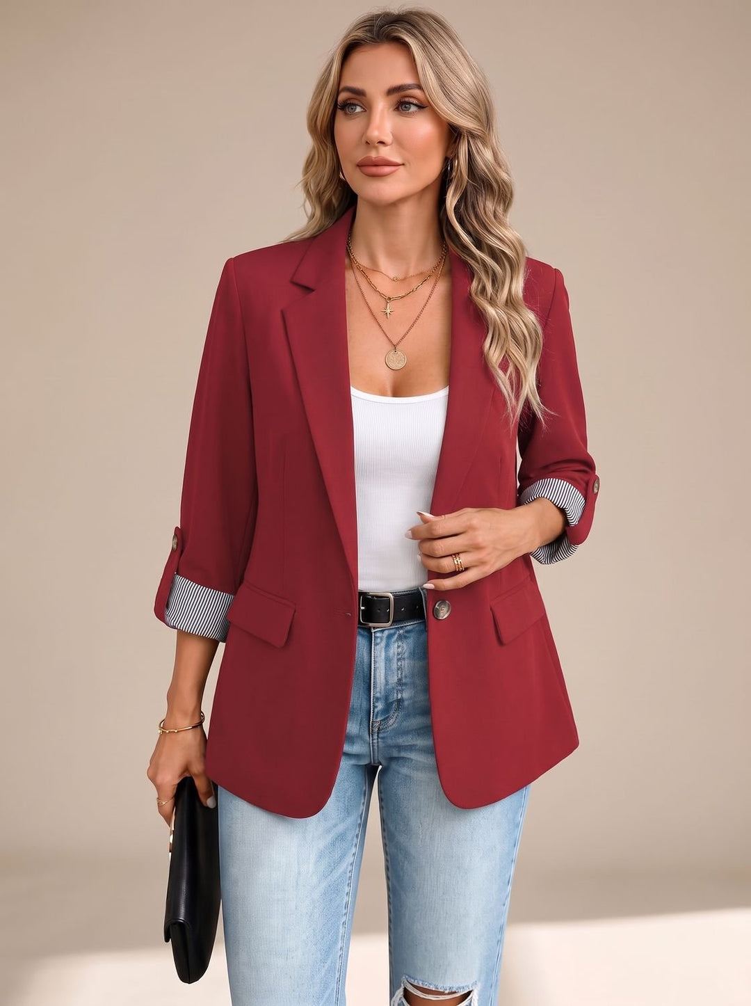 Women's Striped-Cuff Rollable Sleeve Soft-Tailored Blazer - Red