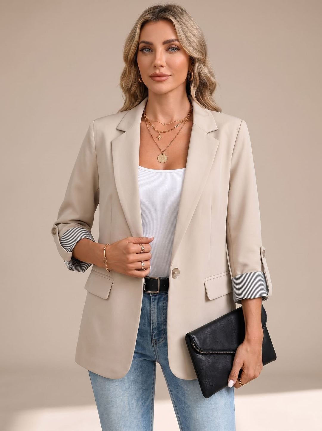Women's Striped-Cuff Rollable Sleeve Soft-Tailored Blazer - Apricot