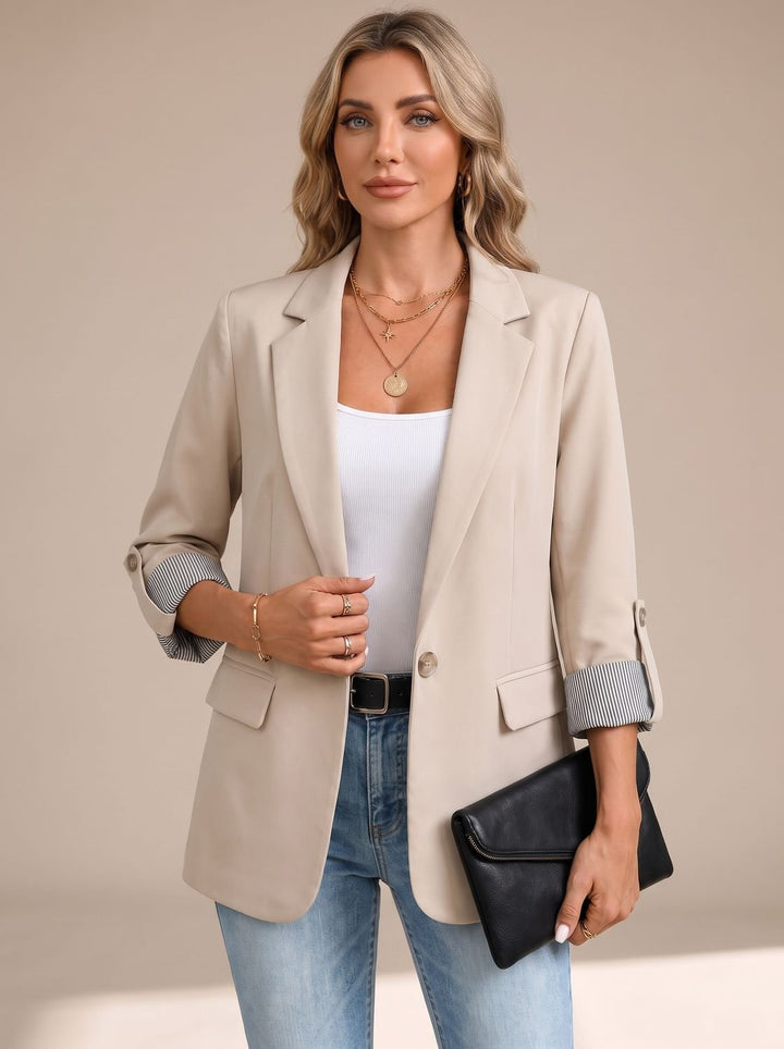 Women's Striped-Cuff Rollable Sleeve Soft-Tailored Blazer - Apricot