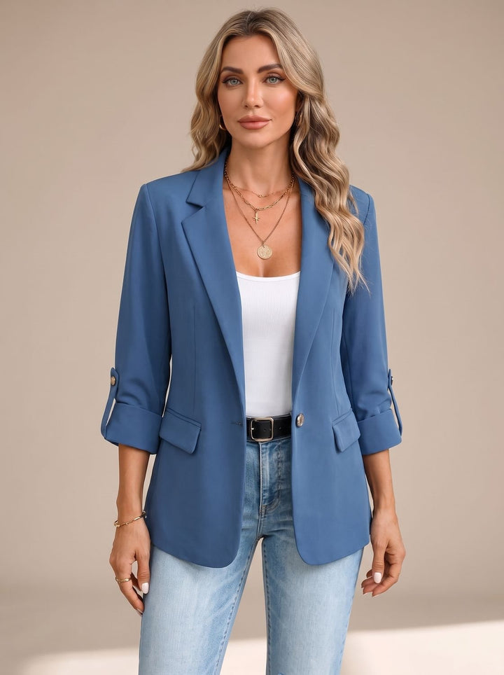 Women's Striped-Cuff Rollable Sleeve Soft-Tailored Blazer - Blue Plain Sleeve