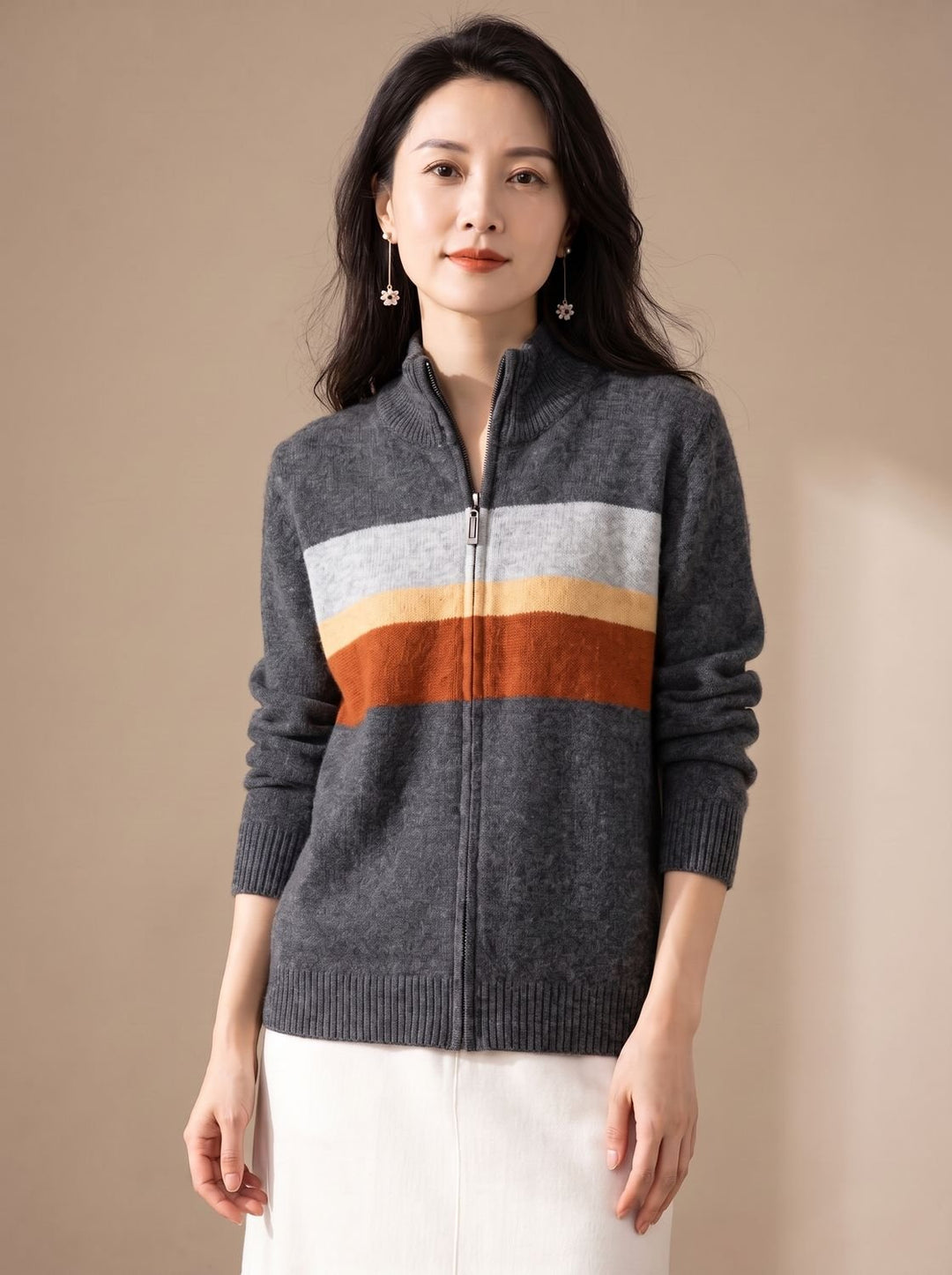 Women's Striped Full-Zip Knit Cardigan Sweater