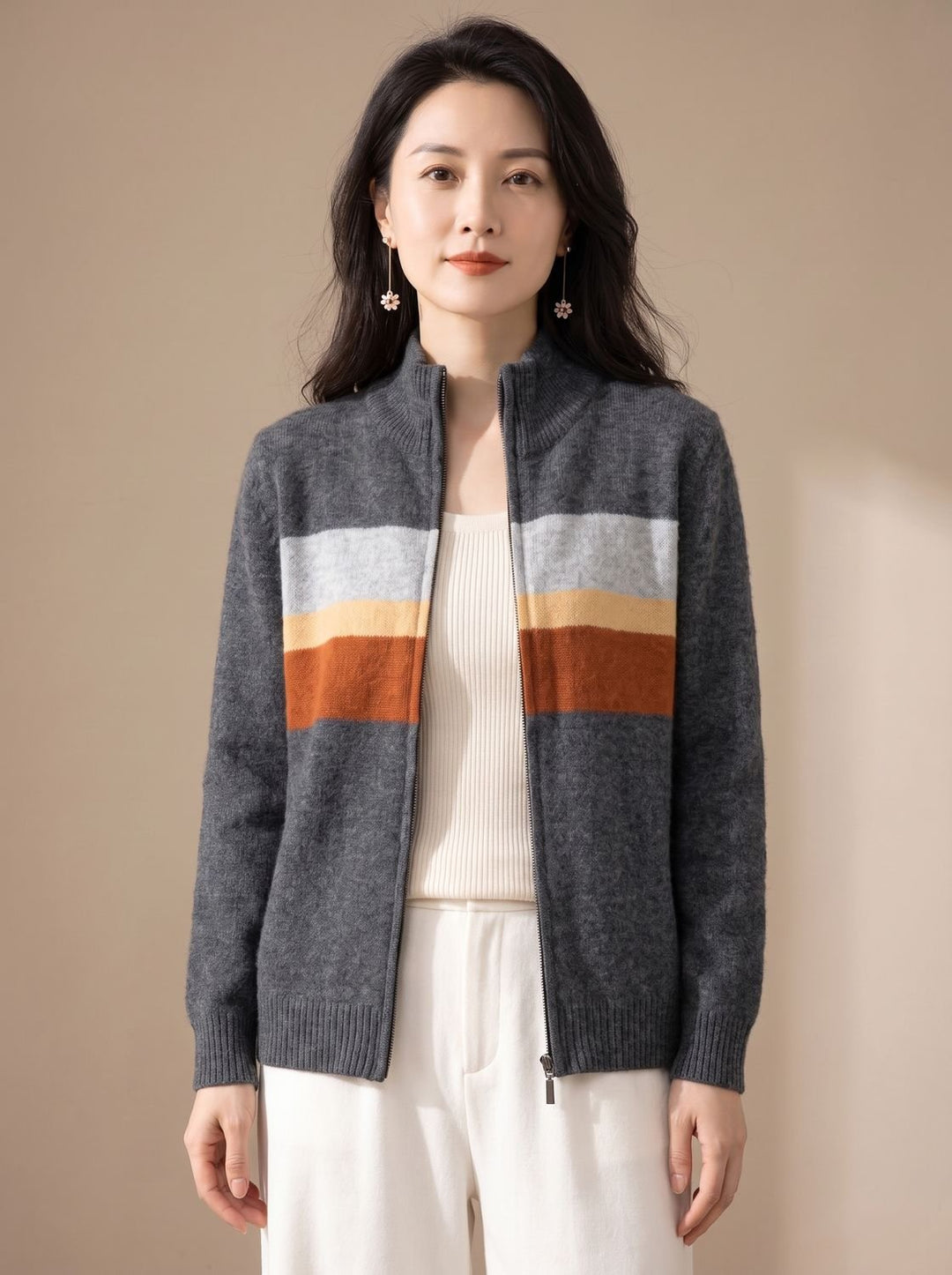Women's Striped Full-Zip Knit Cardigan Sweater