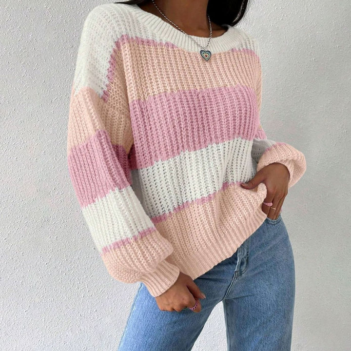 Women's Striped Relaxed-Fit Crew-Neck Knit Pullover Sweater - Pink