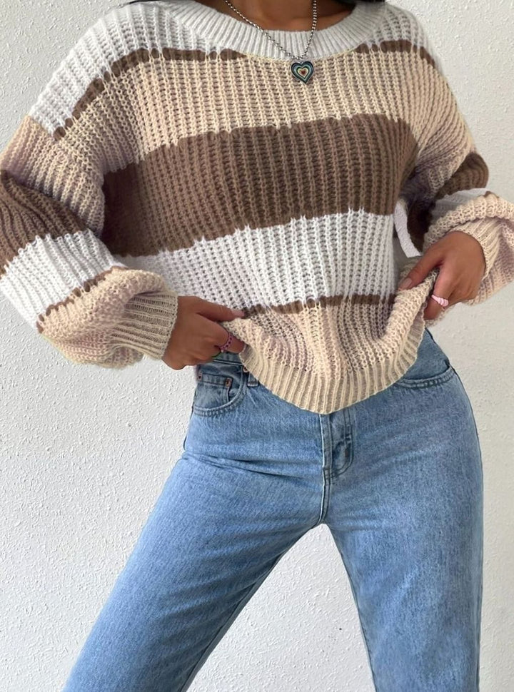 Women's Striped Relaxed-Fit Crew-Neck Knit Pullover Sweater - Brown