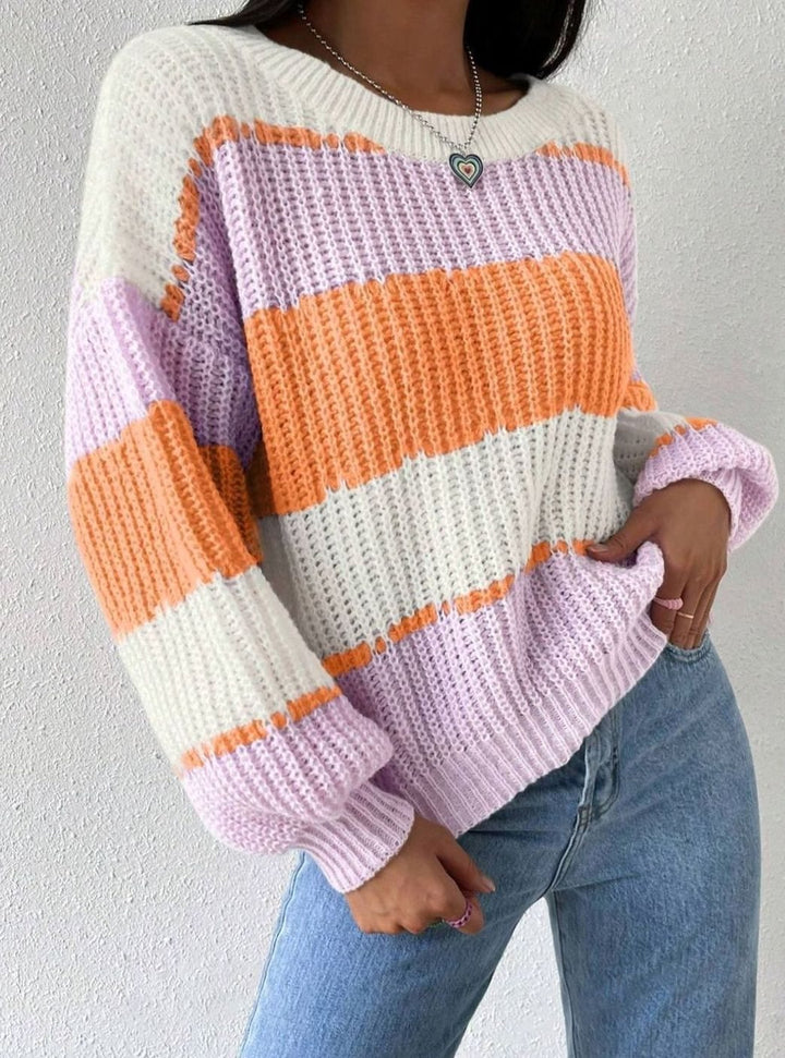 Women's Striped Relaxed-Fit Crew-Neck Knit Pullover Sweater - Orange