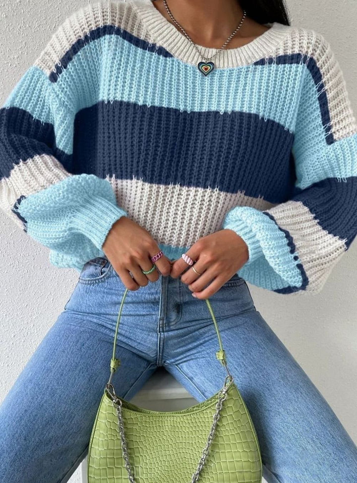 Women's Striped Relaxed-Fit Crew-Neck Knit Pullover Sweater - Blue