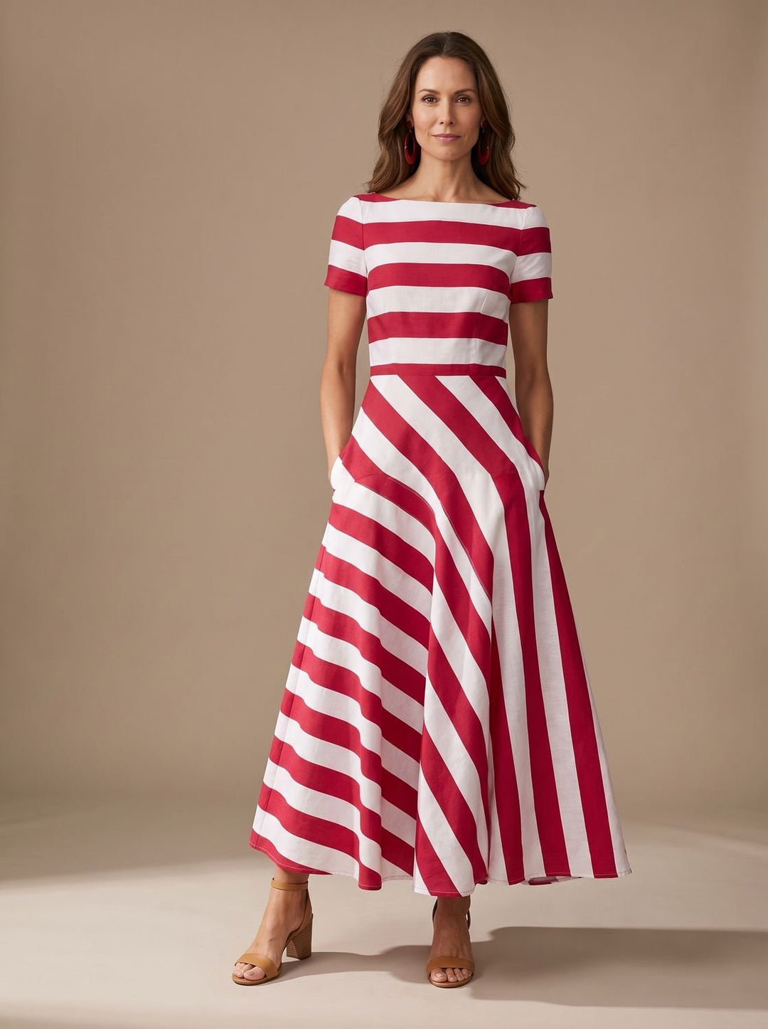 Women's Striped Short-Sleeve Boat-Neck Maxi Dress - Red