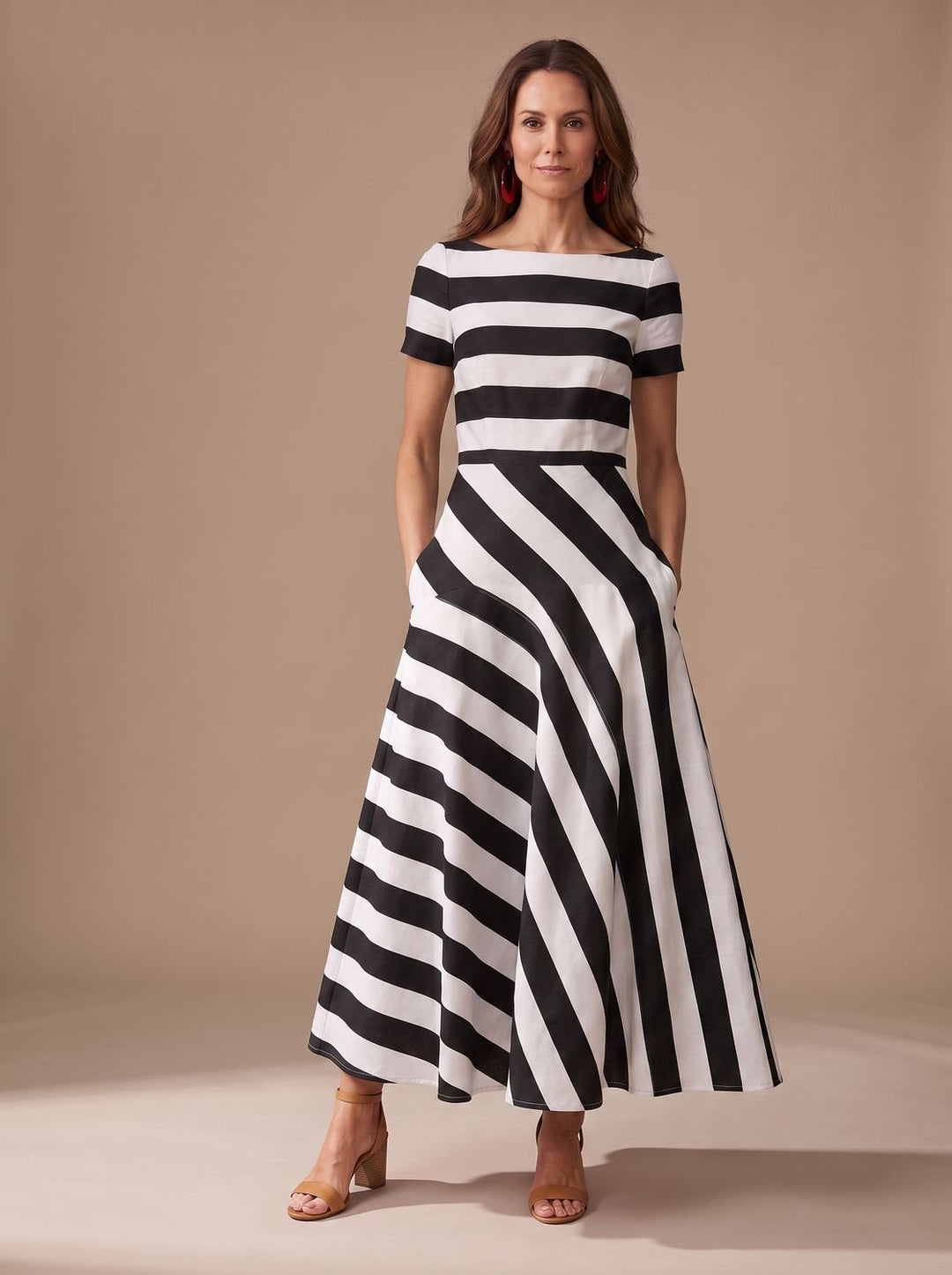 Women's Striped Short-Sleeve Boat-Neck Maxi Dress - Black