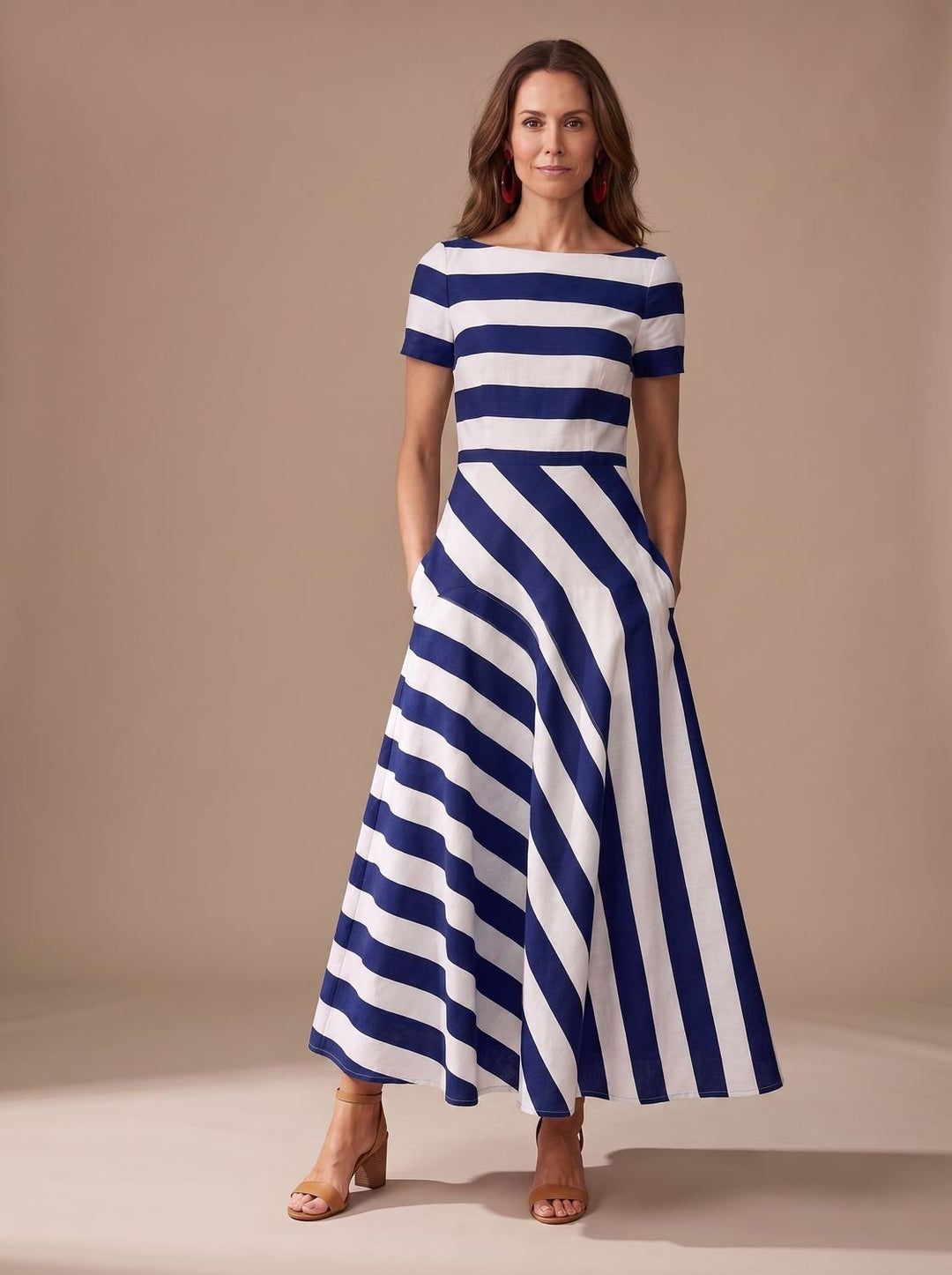 Women's Striped Short-Sleeve Boat-Neck Maxi Dress - Dark Blue