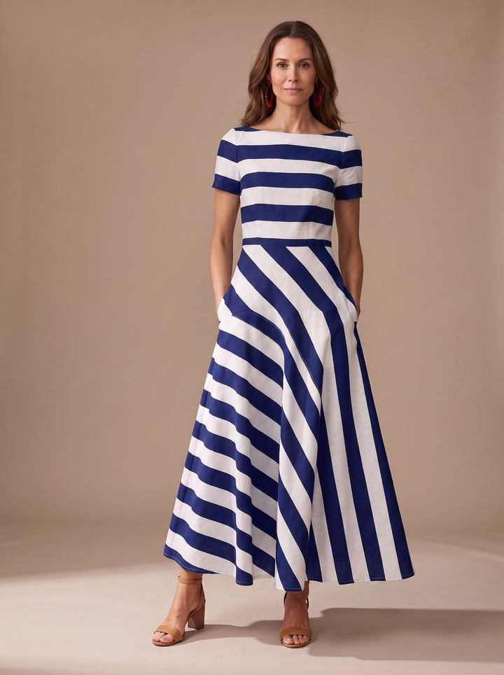 Women's Striped Short-Sleeve Boat-Neck Maxi Dress - Dark Blue