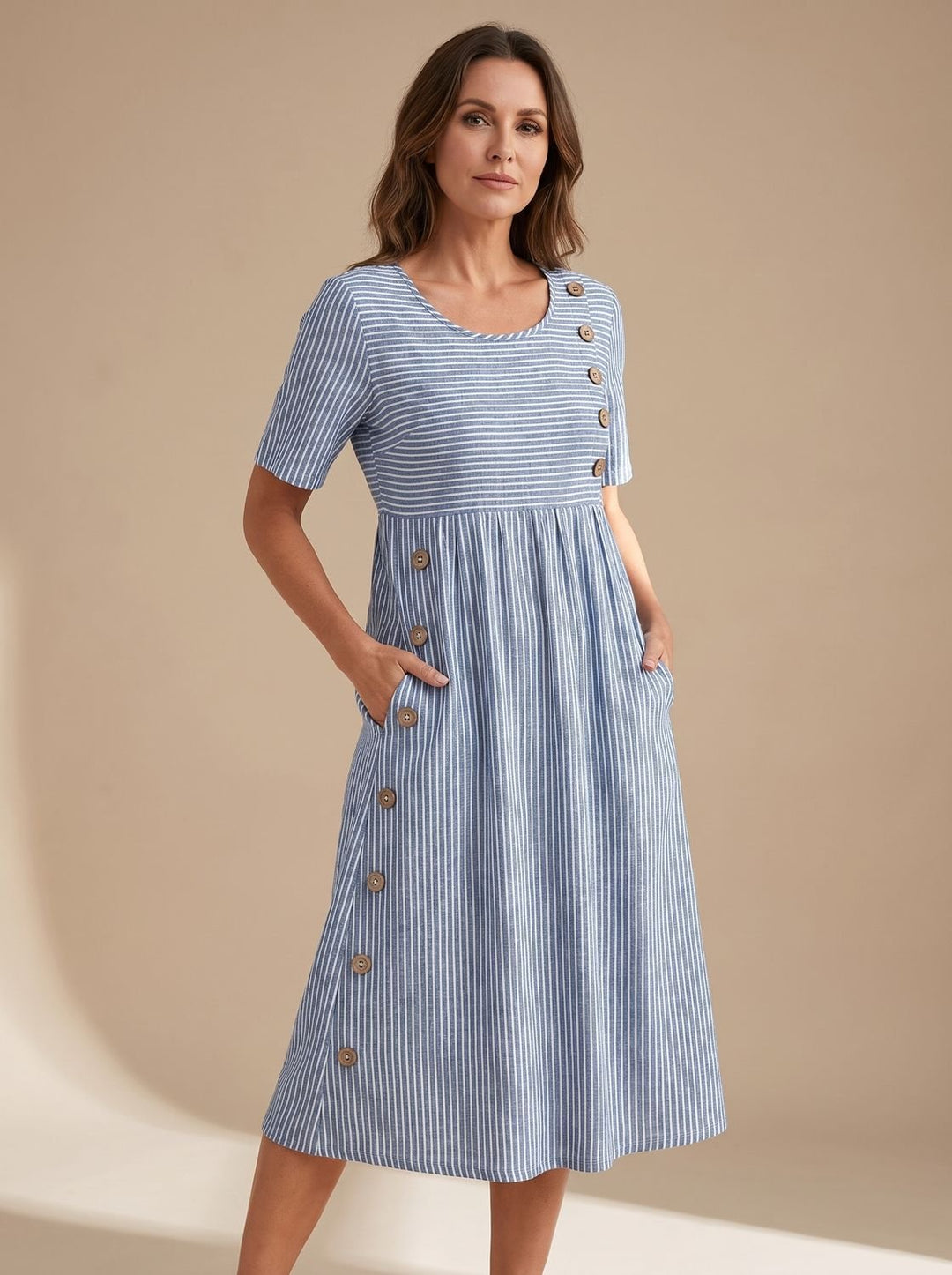 Women's Striped Short-Sleeve Button-Detail Midi Occasion Dress - Blue