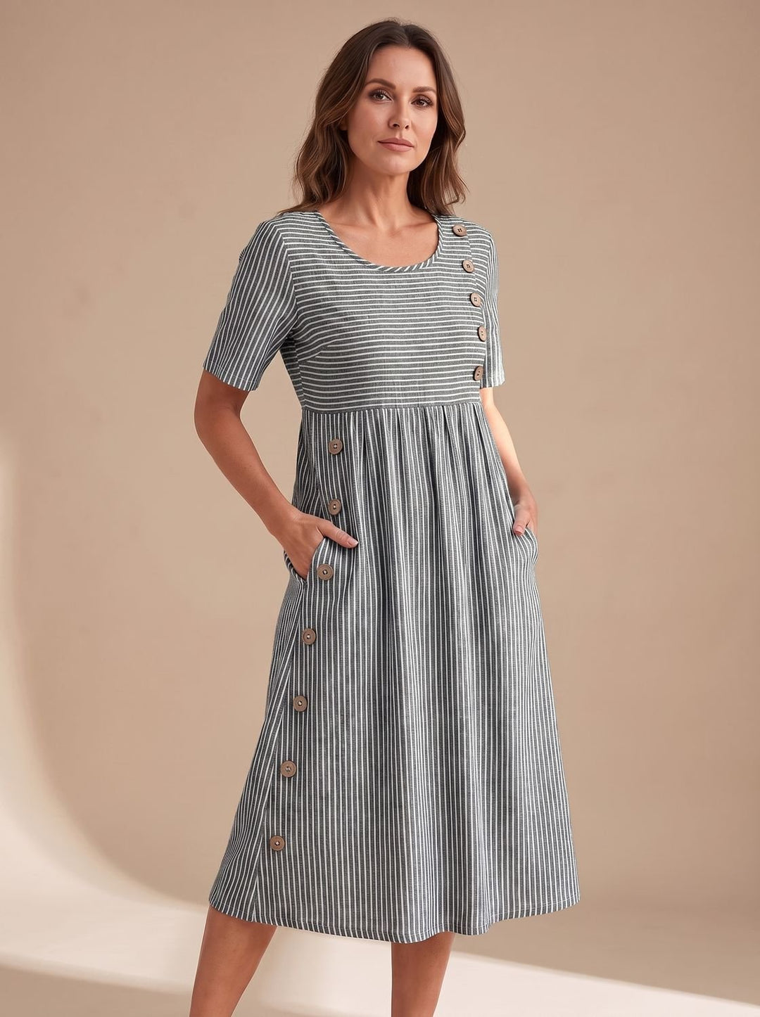 Women's Striped Short-Sleeve Button-Detail Midi Occasion Dress - Gray