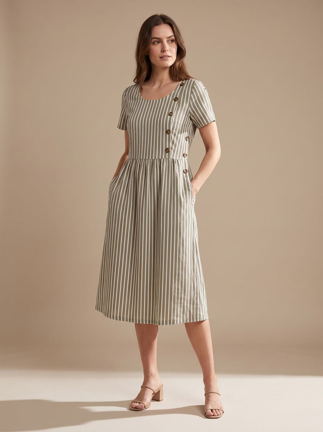 Women's Striped Short-Sleeve Button-Detail Midi Occasion Dress - Beige