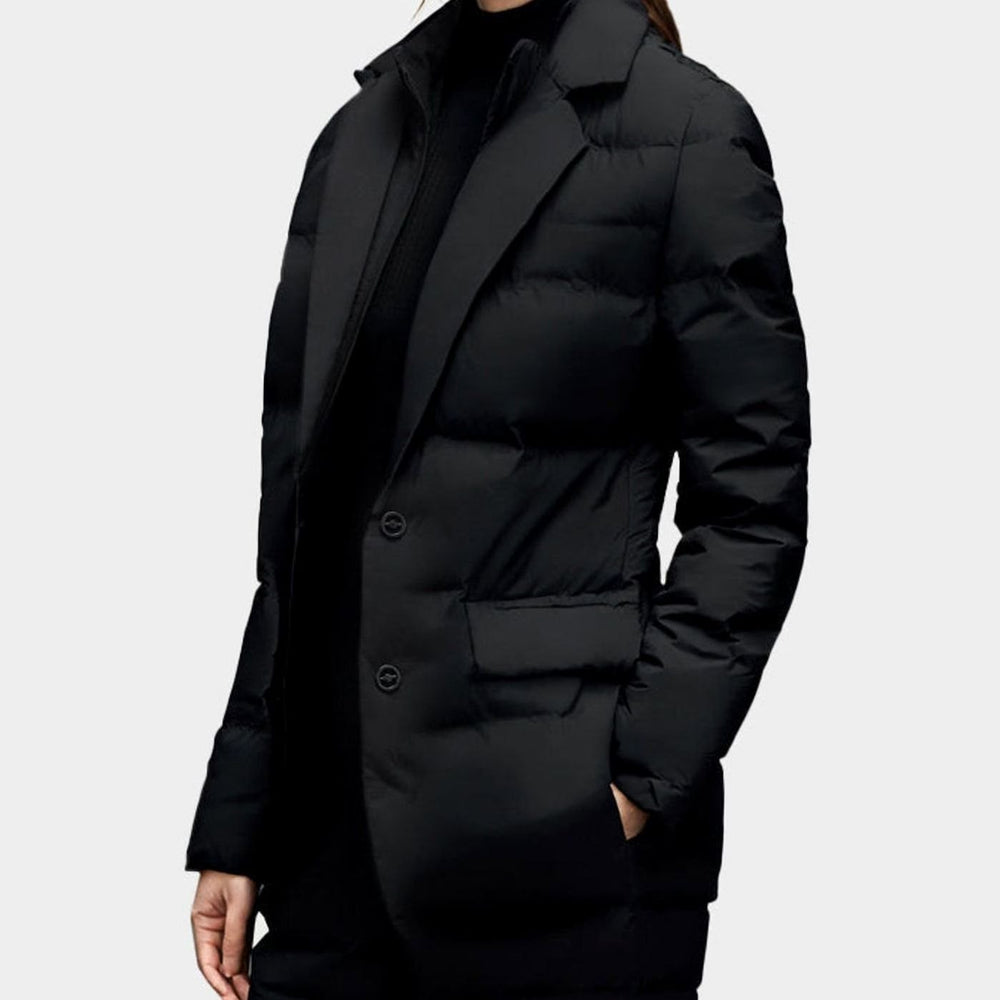 Women's Structured Puffer Blazer-Style Button-Front Winter Jacket - Black