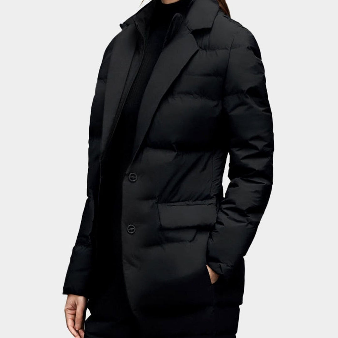 Women's Structured Puffer Blazer-Style Button-Front Winter Jacket - Black
