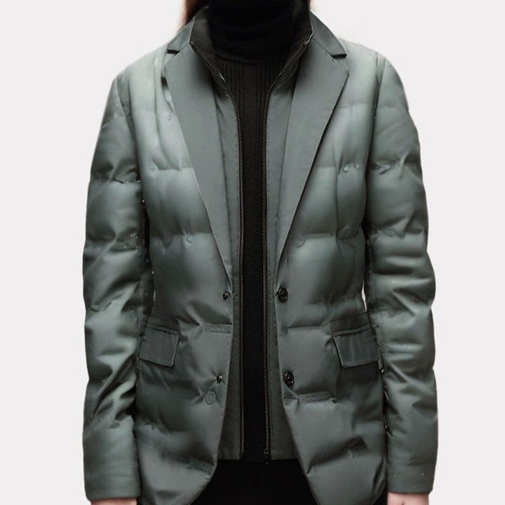 Women's Structured Puffer Blazer-Style Button-Front Winter Jacket - Green
