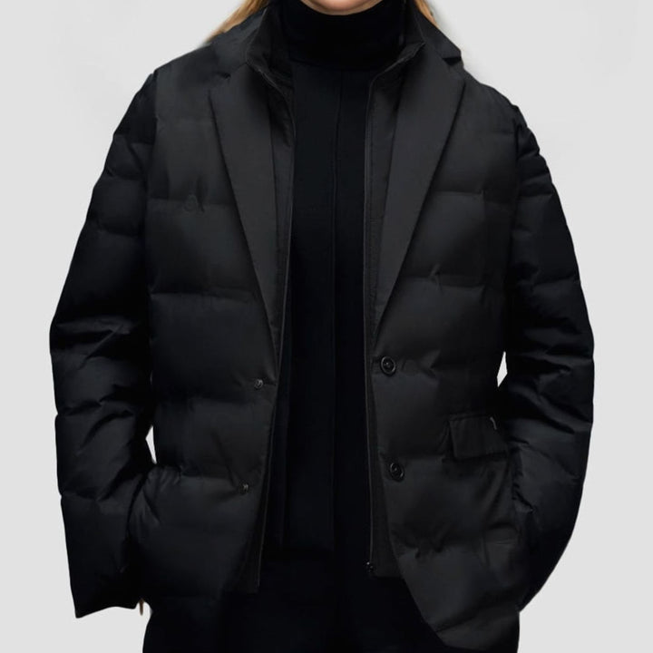 Women's Structured Puffer Blazer-Style Button-Front Winter Jacket