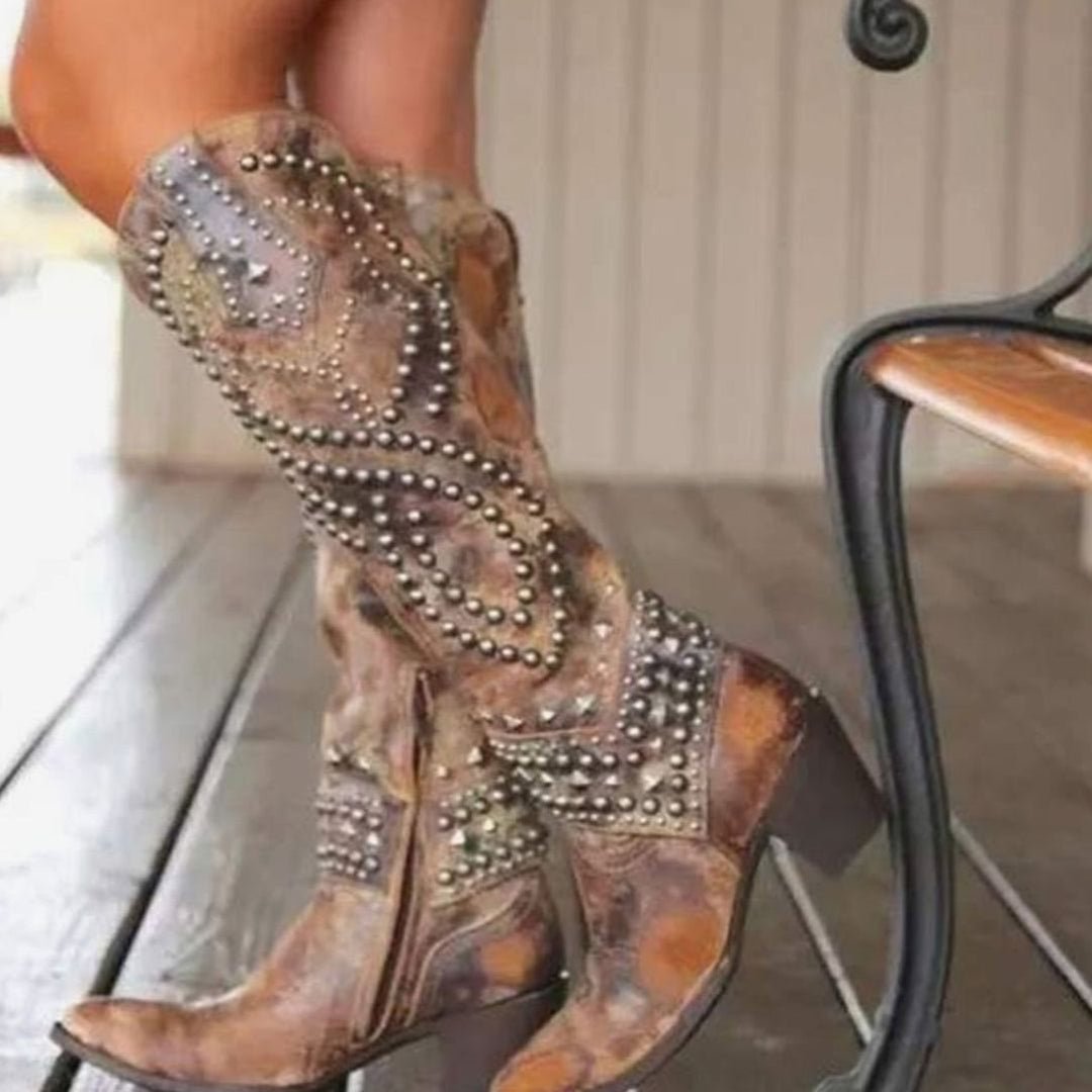 Women's Studded Chunky Heel Western Cowboy Boots - Brown