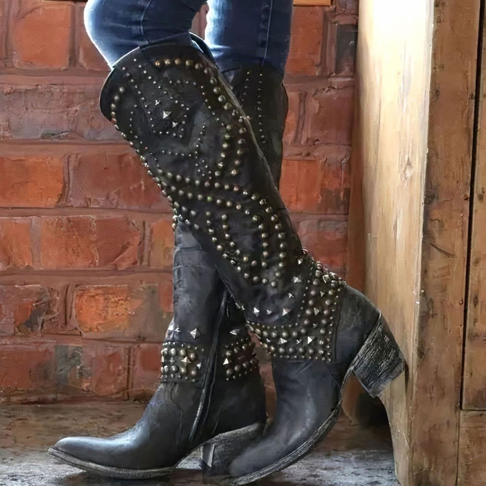 Women's Studded Chunky Heel Western Cowboy Boots - Black