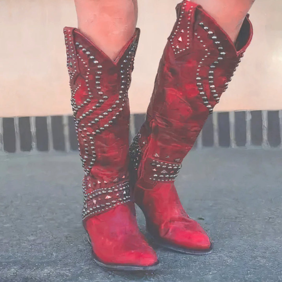 Women's Studded Chunky Heel Western Cowboy Boots - Red