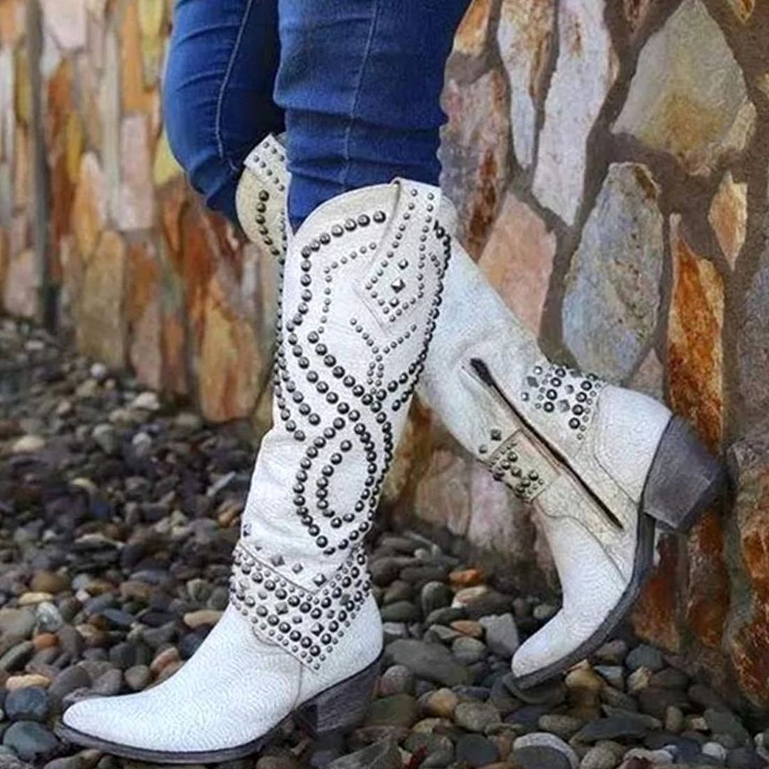 Women's Studded Chunky Heel Western Cowboy Boots - White
