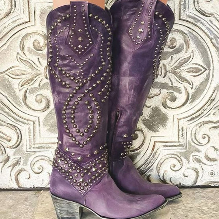 Women's Studded Chunky Heel Western Cowboy Boots - Purple