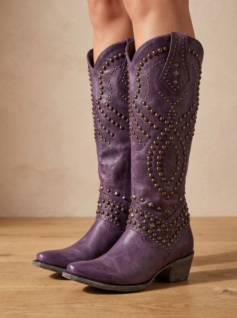 Women's Studded Knee-High Orthopedic Cowboy Boots Pointed Toe - Purple